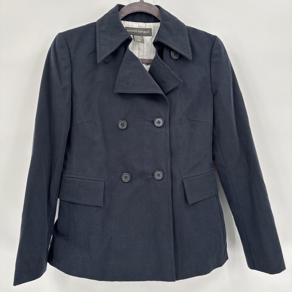 Banana Republic Short Trench Coat Blue Women's Sz S 100% Cotton Preppy Classic